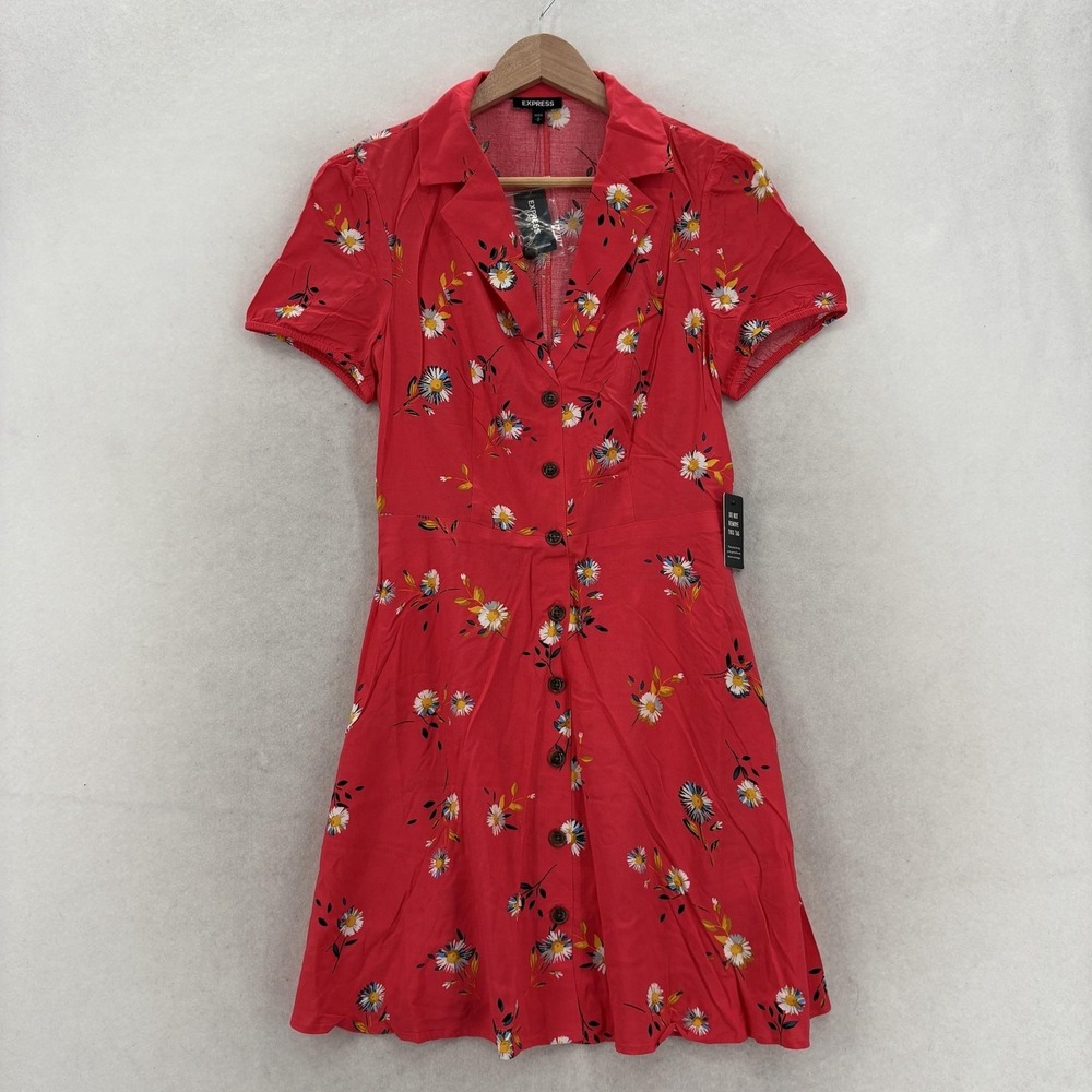 Express Dress Womens Small Red Floral Collared Button Short Sleeve Fit & Flare